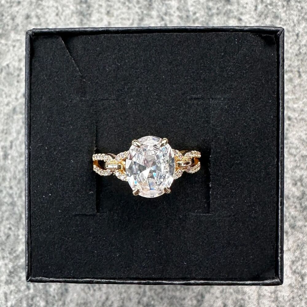 NWB Adjustable Gold Plated Oval CZ Statement Ring w/ Pave Accent Loop Band